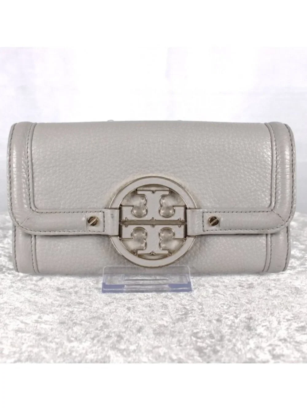 Tory Burch Amanda Logo Leather Continental Clutch Wallet Gray Gold Hardware